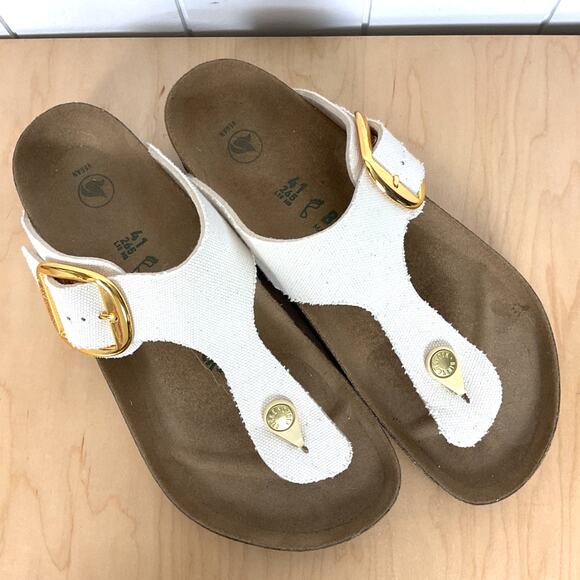 Birkenstock Gizeh Big Buckle Sandles Vegan Cream Canvas Gold Buckles Size 41/10 - Picture 3 of 8